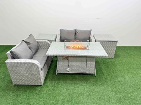 Fimous 4 Seater Outdoor Love Sofa Set Rattan Garden Furniture Set with Firepit Dining Table 2 Side Tables Light Grey
