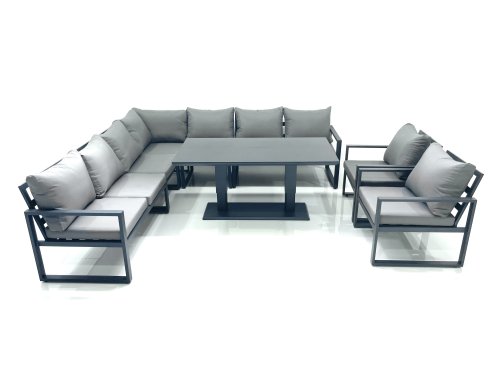 Fimous 9 Seater Outdoor Aluminum Garden Furniture Set Corner Sofa 2 Chairs Adjustable Rising Lifting Dining Table Sets Dark Grey