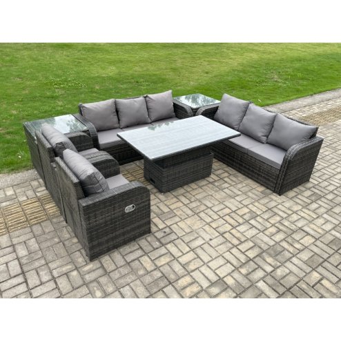 Fimous PE Rattan Outdoor Garden Furniture Sets Height Adjustable Rising lifting DiningTable Sofa Set with Reclining Chair 2 Side Tables Dark Grey Mixed