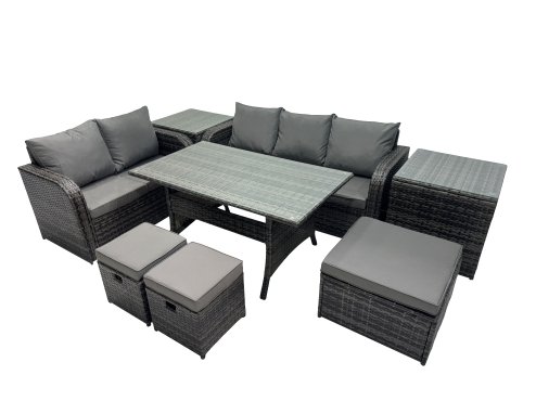 Fimous 8 Seat Outdoor Wicker PE Rattan Garden Furniture Set Dining Table Sofa Sets with 3 Stools 2 Side Tables Dark Grey Mixed