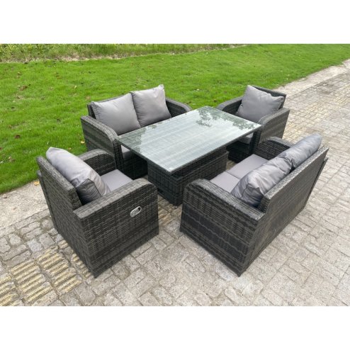 Fimous Outdoor Rattan Garden Furniture Sofa Set Dining Table Height Adjustable Rising Lifting Table Reclining Chairs Love Sofa 6 Seater
