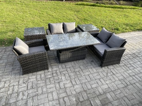 Fimous 6pcs Rattan Outdoor Garden Furniture Set Height Adjustable Rising Lifting Table Sofa Dining Set with 2 Side Tables Dark Grey Mixed