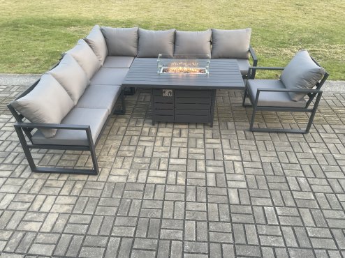 Fimous Aluminium 7 Pieces Garden Furniture Corner Sofa Set with Cushions Gas Fire Pit Dining Table Set Gas Heater Burner with Chair Dark Grey