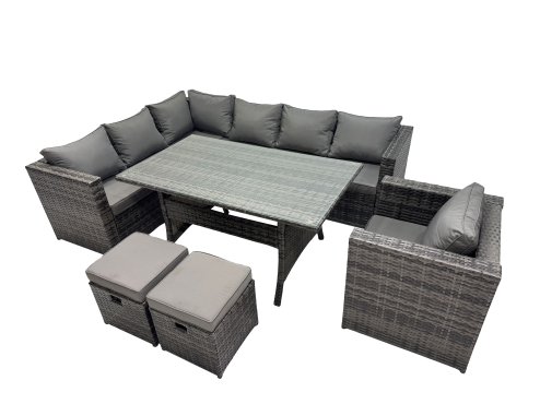 Fimous Outdoor PE Rattan Sofa Set with Dining Table Patio Garden Furniture Sets with Chair 2 Small Stool Dark Grey Mixed