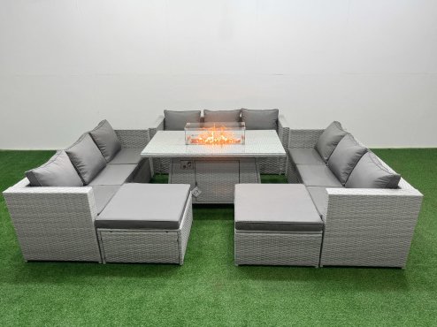 Fimous PE Rattan Lounge Sofa Set Outdoor Garden Furniture Set with Firepit Dining Table 3 Seater Sofa Light Grey