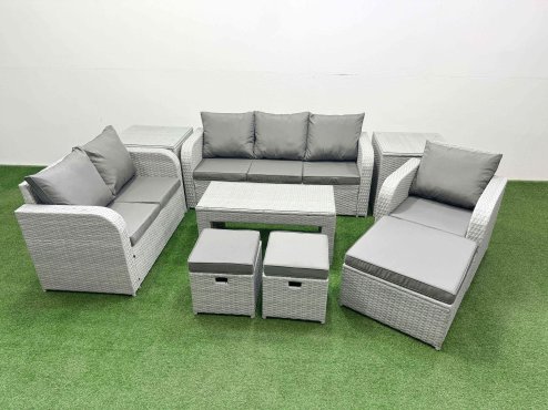 Fimous Patio PE Wicker 9 Seater Outdoor Rattan Furniture Sofa Sets with Oblong Coffee Table Reclining Chair Loveseat Sofa 3 Seater Sofa Stool 2 Side Table Light Grey