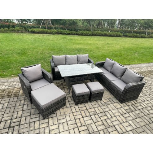 Fimous 10 Seater Outdoor Rattan Garden Furniture Set Oblong Rectangular Dining Table and Chairs Set with 3 Seater Sofa 3PC Footstools Dark Grey Mixed