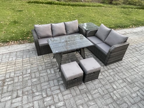 Fimous High Back PE Rattan Sofa Set Outdoor Garden Furniture Dining Table Set Love Sofa 3 Seater Sofa 2 Small Footstool Side Table