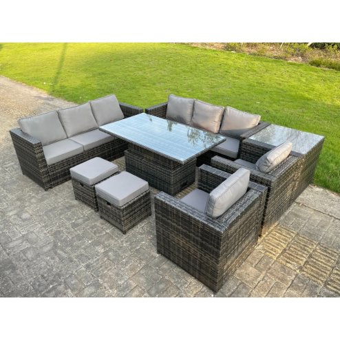 Fimous 10 Seater?Outdoor Rattan Garden Furniture Adjustable Rising Lifting Side Tables Small Footstools Dark Grey Mixed