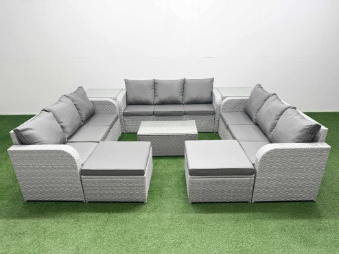 Fimous PE Rattan Lounge Sofa Set 11 Seater Outdoor Garden Furniture Set with Rectangular Coffee Table 3 Seater Sofa 2 Big Footstools 2 Side Table Light Grey