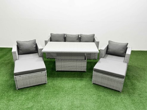 Fimous 6 PCs Rising Dining Table Set Rattan Furniture Set with 3 Seater Sofa Chair 2 Big Footstools Light Grey