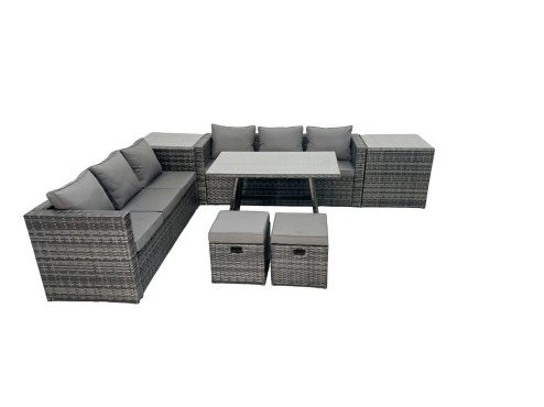 Fimous Rattan Dining Table Sofa Set with 2 Side Tables Small Footstool Outdoor Garden Furniture Set Dark Grey Mixed