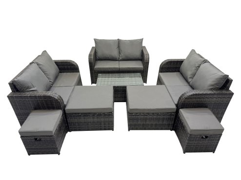 Fimous Outdoor Love Sofa Coffee Table Set Garden Rattan Furniture Set 10 Seater with 4 Stools Dark Grey