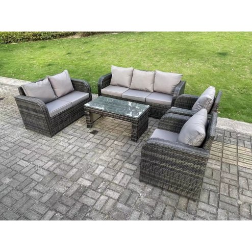 Fimous 7 Seater Dark Grey PE Wicker Rattan Garden Furniture Set Reclining Chair Love Seat 3 Seater Sofa Set Outdoor Rectangular Coffee Table