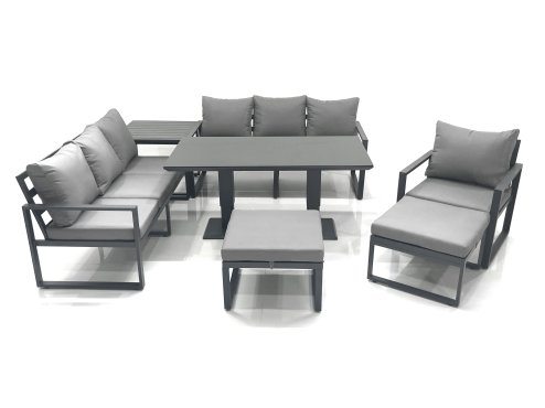Fimous Outdoor Garden Furniture Set Aluminium Lounge Sofa Adjustable Rising Lifting Dining Table Sets with 2 Big Footstools Side Table Dark Grey