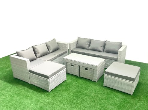 Fimous Rattan Garden Furniture Set Outdoor Lounger Sofa with Coffee Table 4 Footstools Light Grey Mixed 10 Seater