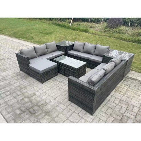Fimous Outdoor Rattan Garden Furniture Lounge Sofa Set With Oblong Rectagular Coffee Table Big Footstool and 2 Small Stools 2 Side Table