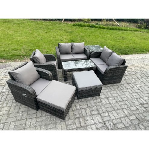 Fimous 8 PCS Garden Furniture set Rattan Outdoor Lounge Sofa Table Chair With Tempered Glass Table Dark Grey Mixed