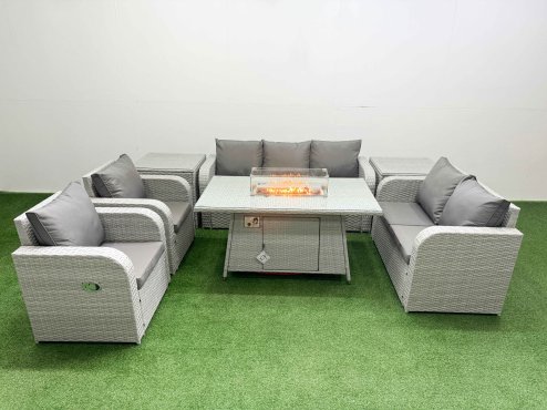 Fimous PE Rattan Garden Furniture Set Reclining Chair Sofa Double Love Seat 2 Seater Sofa Lounge Set Firepit Dining Table 2 Side Table Light Grey