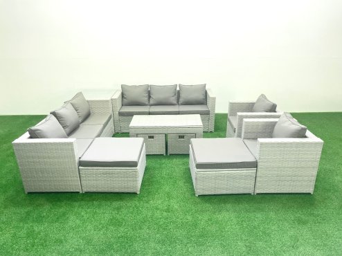 Fimous Rattan Garden Furniture Set Outdoor Lounger Sofa with Coffee Table 4 Footstools Side Table Light Grey Mixed