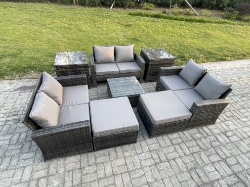 Fimous Outdoor Lounge Sofa Set Wicker PE Rattan Garden Furniture Set with Square Coffee Table Double Seat Sofa 2 Big Footstool 2 Side Tables Dark Grey Mixed