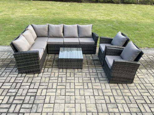 Fimous Rattan Garden Furniture Set Outdoor Lounge Corner Sofa Set With Square Coffee Table 2 Armchairs 8 Seater Dark Grey Mixed