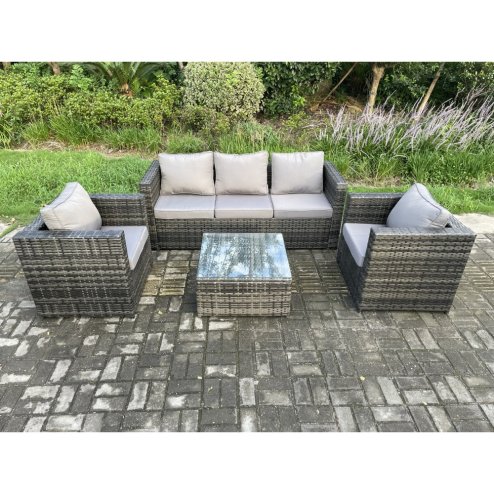 Fimous Outdoor Lounge Sofa Set Wicker PE Rattan Garden Furniture Set with Armchair Square Coffee Table Dark Grey Mixed
