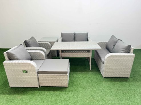 Fimous 7 Seater Outdoor Reclining Chair Love Sofa Set Rattan Garden Furniture Set with Rectangular Dining Table Footstool Side Table Light Grey