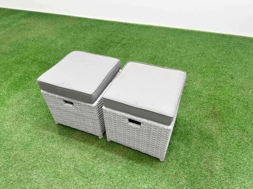 Fimous Light Grey PE Wicker Rattan Garden Furniture Set Sofa Set Reclining Chair Rectangular Dining Table 6 Seater 2 Small Stools Side Table