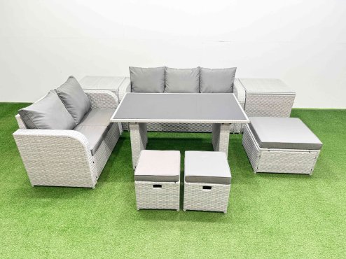 Fimous Garden Furniture Set PE Ratten Garden Sofa Set with Rectangular Dining Table 3 Stool 2 Side Tables Light Grey