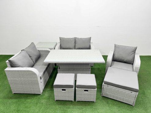 Fimous High Back Poly Rattan Garden Furniture Set with Reclining Chair Loveseat Sofa Adjustable Lifting Dining or Coffee Table Indoor Outdoor Patio Set 3 Stools Side Table Light Grey