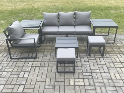 Fimous Aluminium Outdoor Garden Furniture Set Patio Lounge Sofa Chair Set with Square Coffee Table 2 Side Tables 2 Small Footstools Conservatory Set Dark Grey