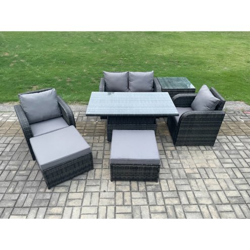 Fimous Rattan Outdoor Furniture Garden Dining Sets Patio Height Adjustable Rising lifting Table Love Sofa Chair Set With Side Tables Stools