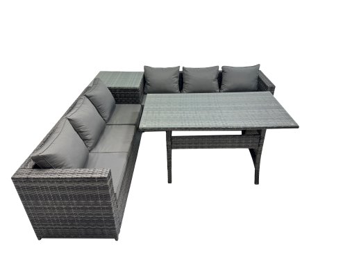Fimous 6 Seater Outdoor Corner Sofa Dining Table Set Garden Rattan Furniture Set with Side Table Dark Grey