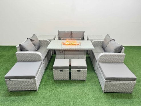 Fimous PE Rattan Lounge Sofa Set 10 Seater Outdoor Garden Furniture Set with Gas Firepit Table Love Sofa 2 Big Footstools 2 Side Tables Light Grey