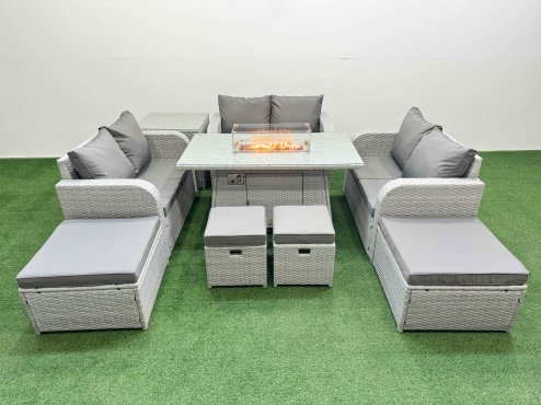 Fimous PE Rattan Lounge Sofa Set 10 Seater Outdoor Garden Furniture Set with Gas Firepit Table Love Sofa 2 Big Footstools Side Table Light Grey