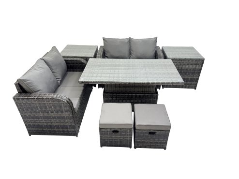 Fimous 6-seater Patio Height Adjustable Rising Lifting Table Sofa Sets Rattan Garden Furniture Dining Set with 2 Small Stools Dark Grey Mixed