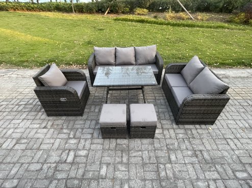Fimous 8 Seater Outdoor Rattan Garden Furniture Set Patio Lounge Sofa Set with Dining Table 2 Small Footstools Dark Grey Mixed