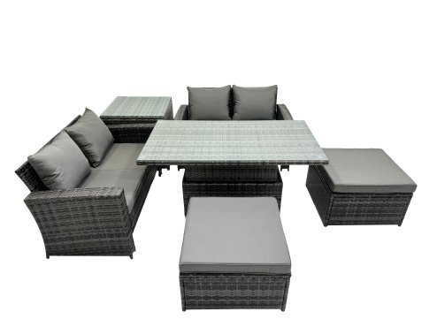 Fimous Outdoor Love Sofa Set 6 Seat Rattan Garden Furniture Set with Adjustable Lifting Dining or Coffee Table 2 Big Stools Dark Grey Mixed
