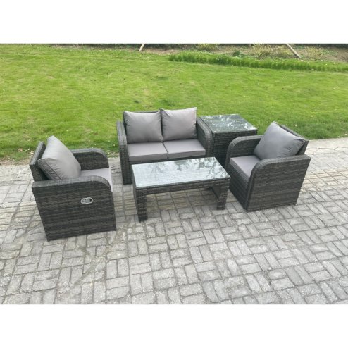 Fimous Rattan Lounge Sofa Set Outdoor Garden Furniture Set with Rectangular Coffee Table Love Sofa Side Table Dark Grey Mixed
