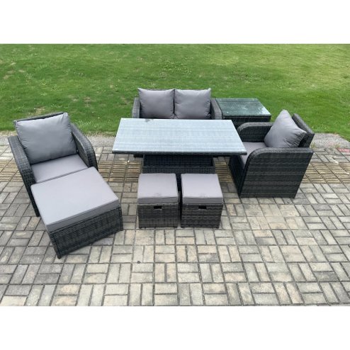 Fimous Wicker PE Rattan Furniture Garden Dining Set Outdoor Height Adjustable Rising lifting Table Love Sofa Chair With Side Table 3 Stools