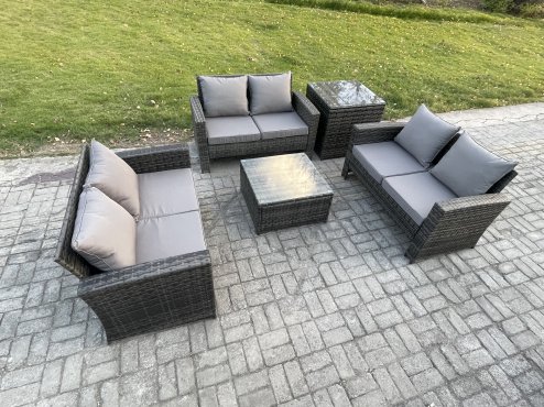 Fimous 6 Seater Rattan Wicker Garden Furniture Patio Conservatory Sofa Set with Square Coffee Table Double Seat Sofa Side Table
