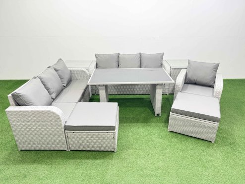 Fimous Rattan Garden Furniture Dining Set 9-seater Patio Rectangular Table Sofa Set with 2 Side Tables 2 Big Stools Light Grey