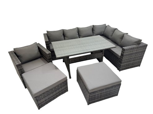 Fimous Rattan Garden Furniture Set Outdoor 9 Seater Patio Dining Corner Sofa Sets with Dining Table Chair 2 Big Stools Dark Grey Mixed