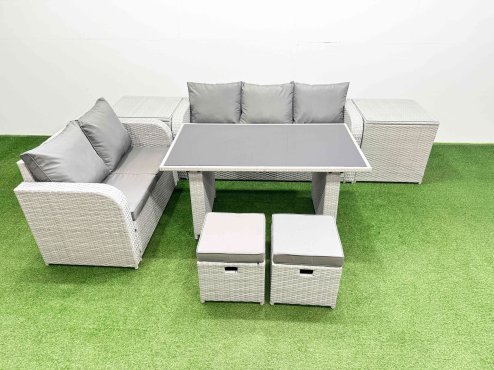 Fimous Garden Furniture Set PE Ratten Garden Sofa Set with Rectangular Dining Table 2 Small Stools 2 Side Tables Light Grey
