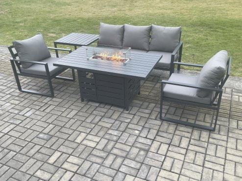 Fimous Aluminium Outdoor Garden Furniture Set Gas Fire Pit Dining Table Set Gas Heater Burner with 2 Arm Chair Side Table Dark Grey 5 Seater