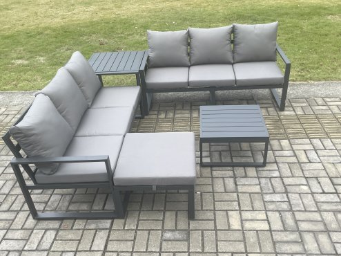 Fimous Aluminium 5 Pieces Garden Furniture Sofa Set with Cushions 7 Seater Outdoor Patio Set with Square Coffee Table Big Footstool Side Table Dark Grey