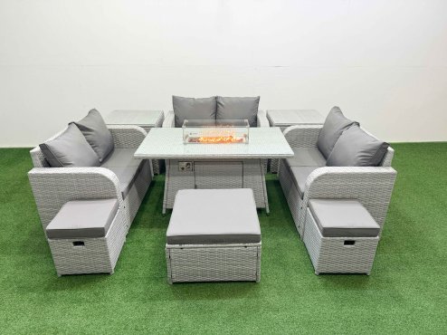 Fimous 9 Seater PE Wicker Rattan Furniture Sofa Sets with Firepit Dining Table 2 Seater Love Sofa 3 Stool 2 Side Table Light Grey