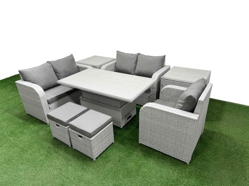 Fimous High Back Poly Rattan Garden Furniture Set with Reclining Chair Loveseat Sofa Adjustable Lifting Dining or Coffee Table Indoor Outdoor Patio Set 2 Stool 2 Side Table Light Grey