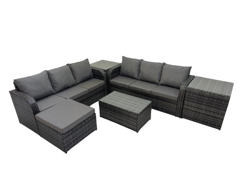 Fimous Outdoor 3 Seater Sofa Coffee Table Set Garden Rattan Furniture Set 7 Seater with Big Stool 2 Side Tables Dark Grey
